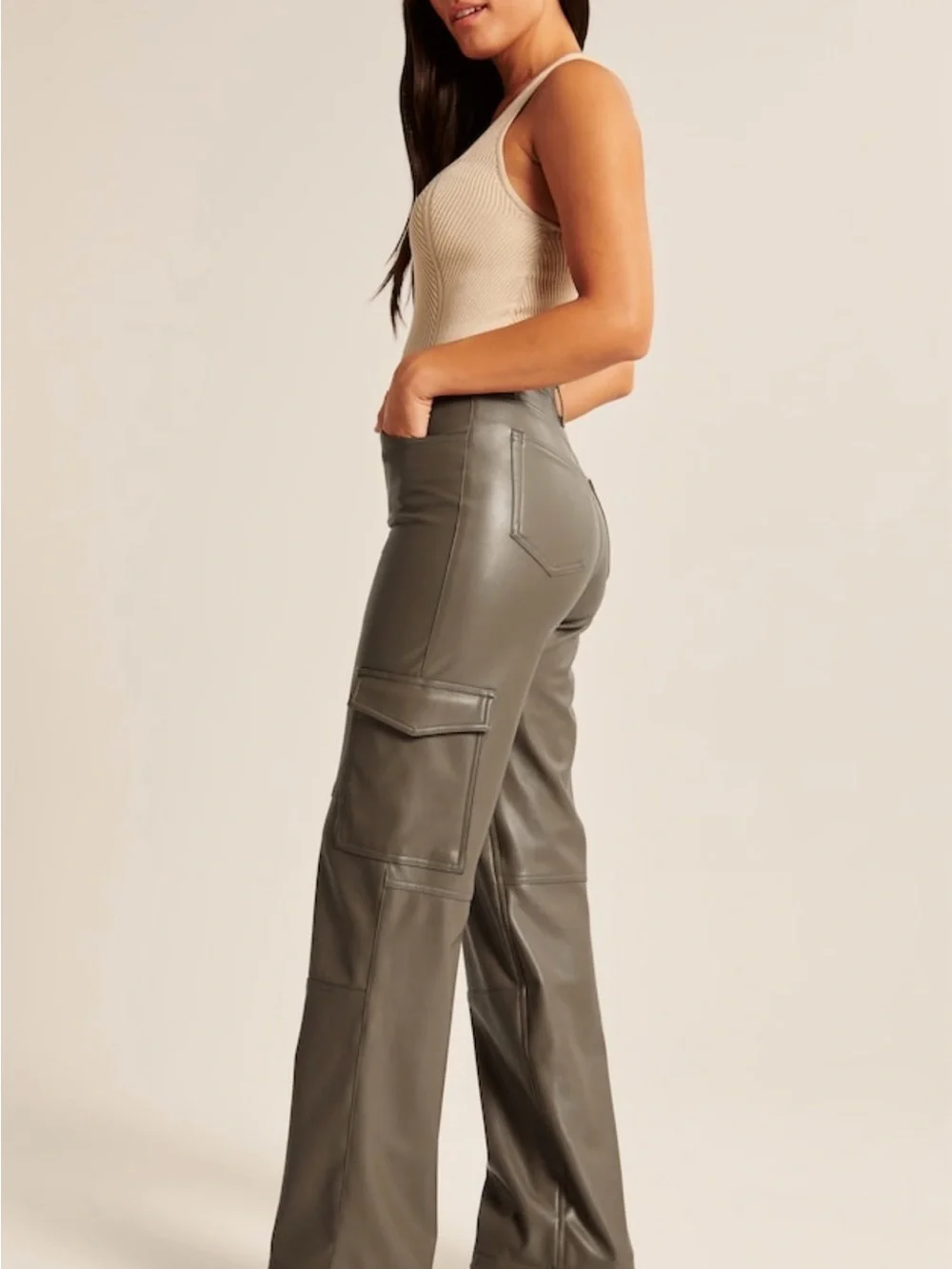 Abercrombie & Fitch Olive Faux Leather Wide-Leg Cargo Pants